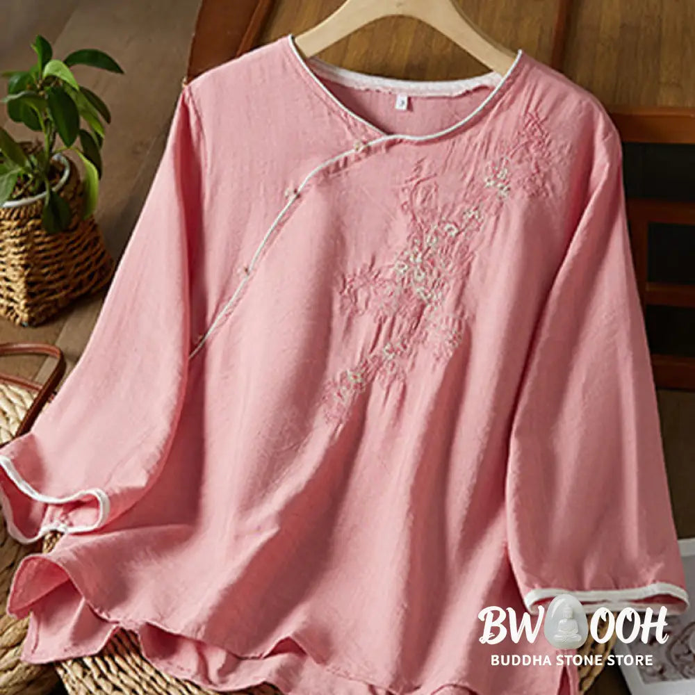 Buddha Stones Casual Women’s Flowers Embroidery Pattern Frog-button Slanted Collar Design Three Quarter Sleeve Cotton