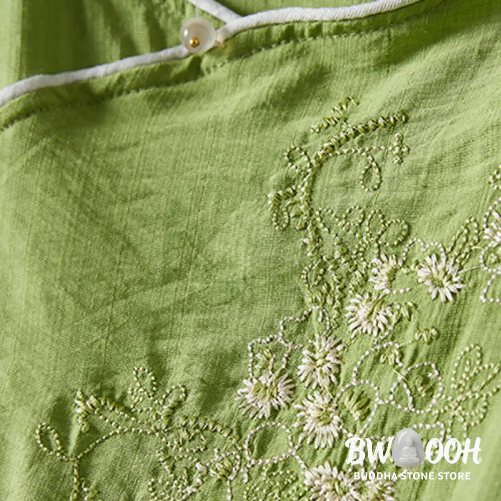 Buddha Stones Casual Women’s Flowers Embroidery Pattern Frog-button Slanted Collar Design Three Quarter Sleeve Cotton