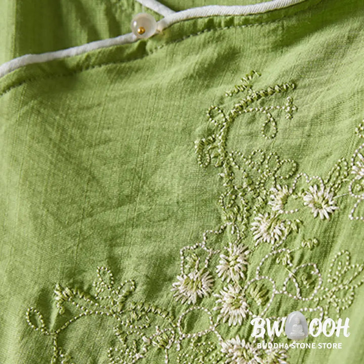 Buddha Stones Casual Women’s Flowers Embroidery Pattern Frog-button Slanted Collar Design Three Quarter Sleeve Cotton