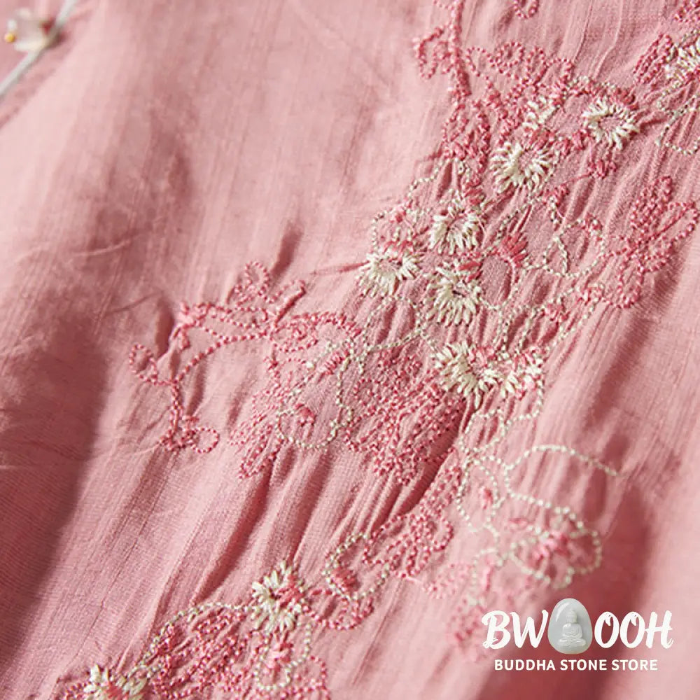 Buddha Stones Casual Women’s Flowers Embroidery Pattern Frog-button Slanted Collar Design Three Quarter Sleeve Cotton