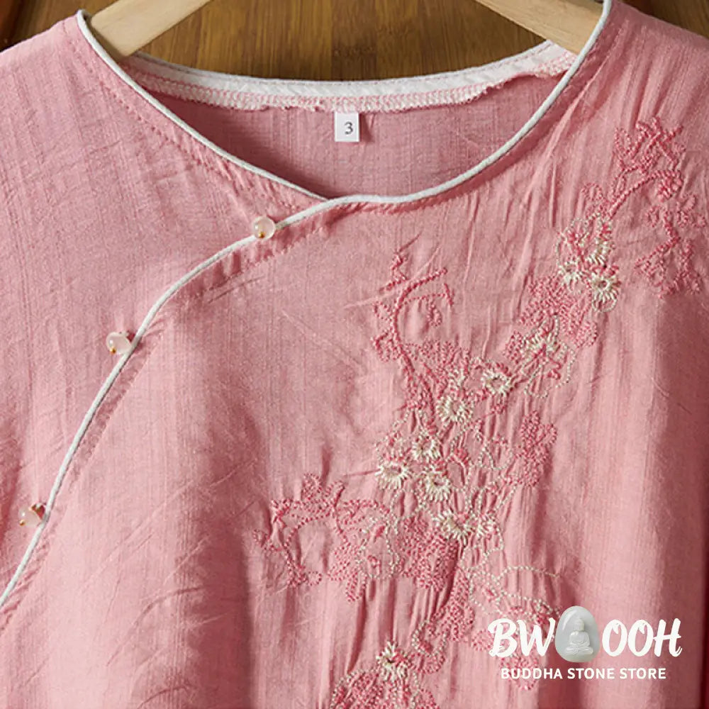 Buddha Stones Casual Women’s Flowers Embroidery Pattern Frog-button Slanted Collar Design Three Quarter Sleeve Cotton