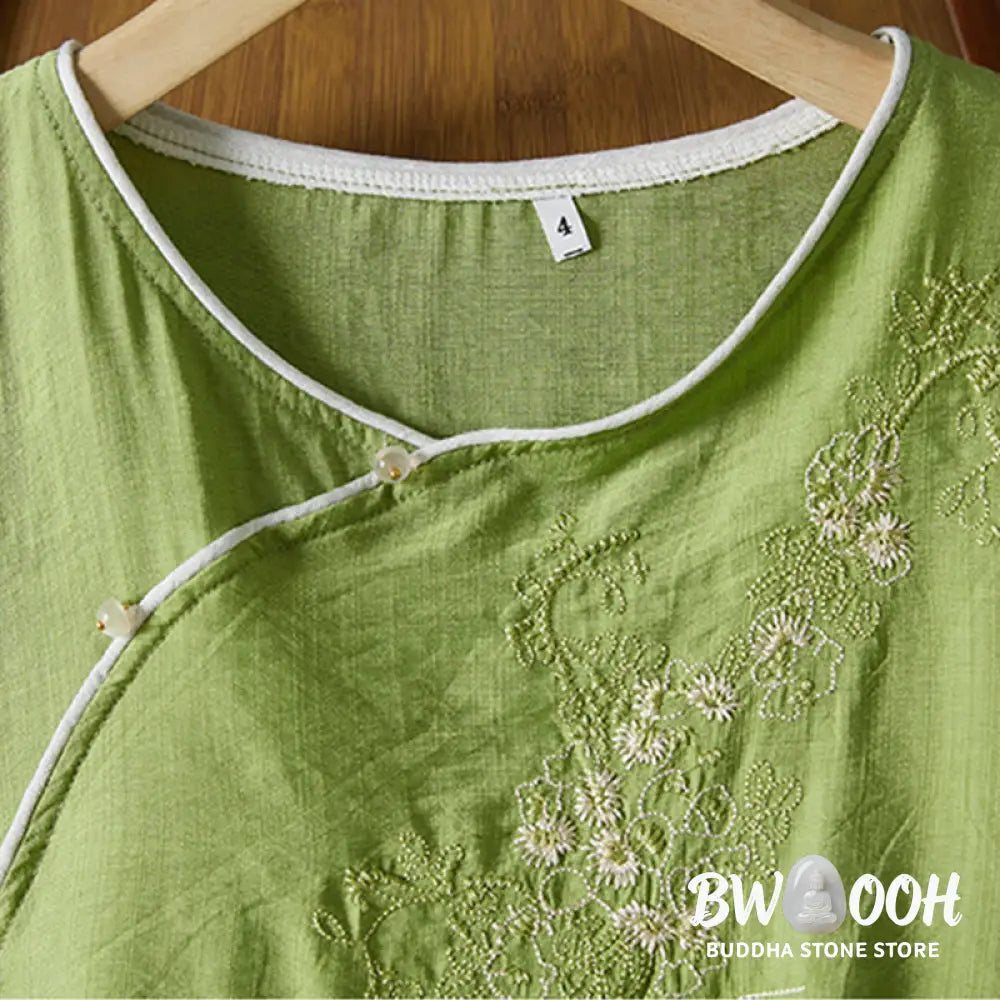 Buddha Stones Casual Women’s Flowers Embroidery Pattern Frog-button Slanted Collar Design Three Quarter Sleeve Cotton