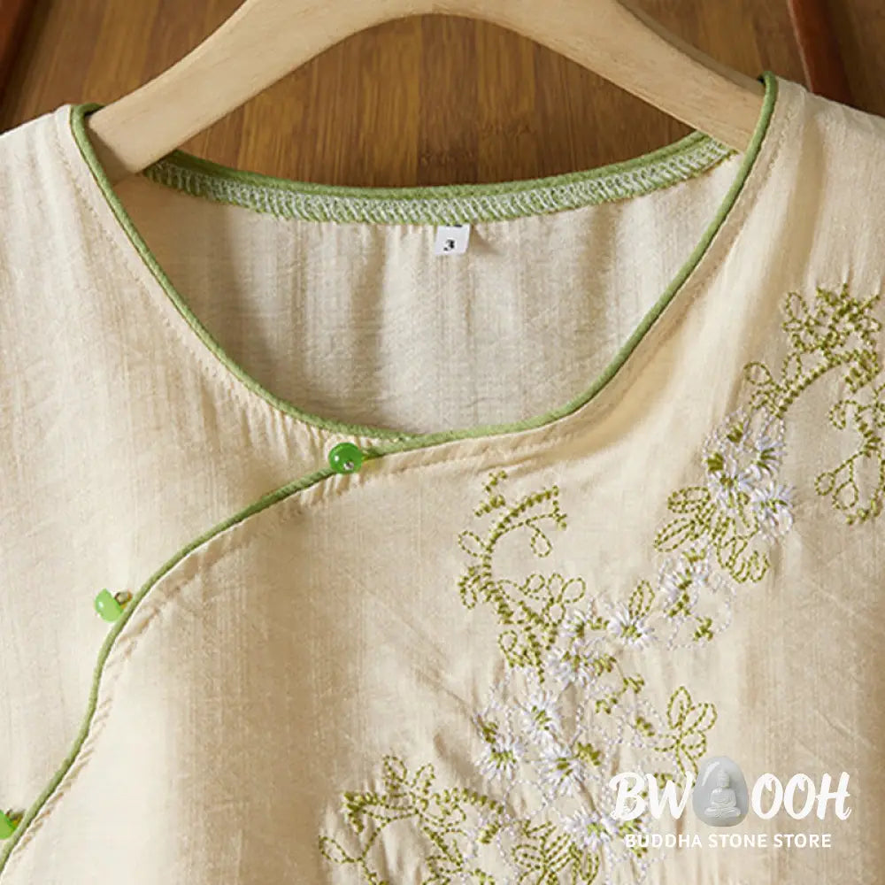 Buddha Stones Casual Women’s Flowers Embroidery Pattern Frog-button Slanted Collar Design Three Quarter Sleeve Cotton