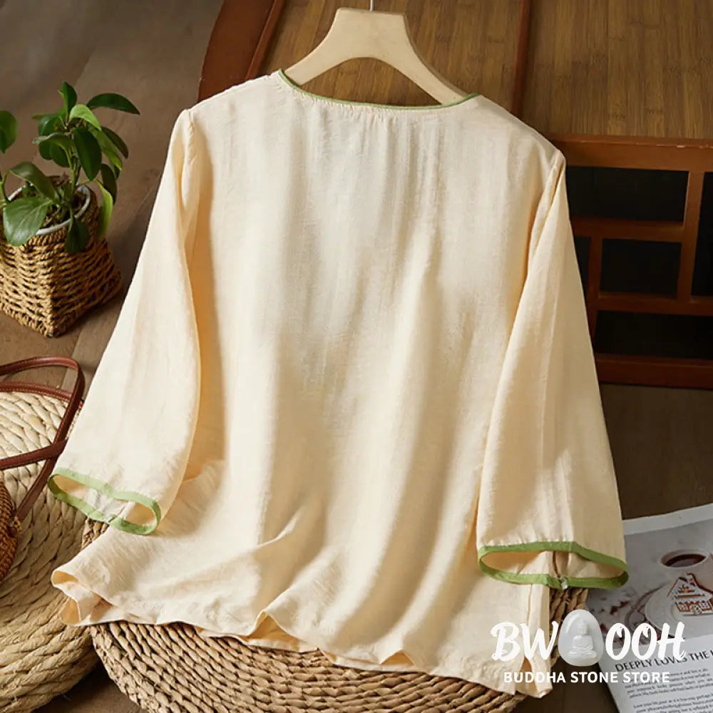 Buddha Stones Casual Women’s Flowers Embroidery Pattern Frog-button Slanted Collar Design Three Quarter Sleeve Cotton
