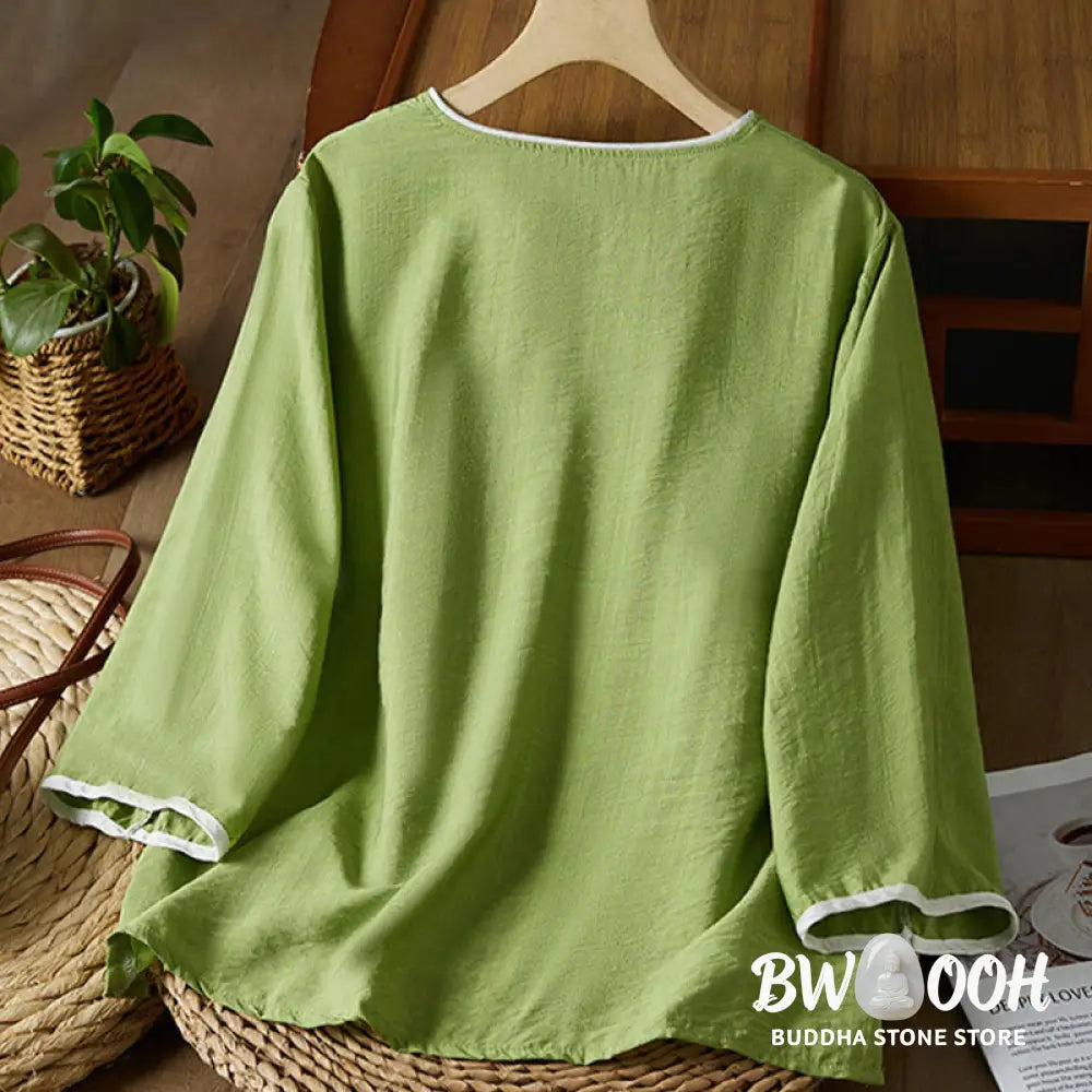 Buddha Stones Casual Women’s Flowers Embroidery Pattern Frog-button Slanted Collar Design Three Quarter Sleeve Cotton