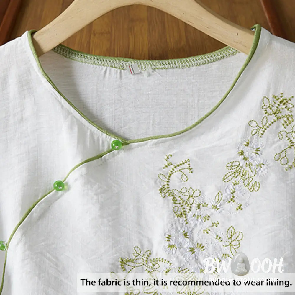 Buddha Stones Casual Women’s Flowers Embroidery Pattern Frog-button Slanted Collar Design Three Quarter Sleeve Cotton