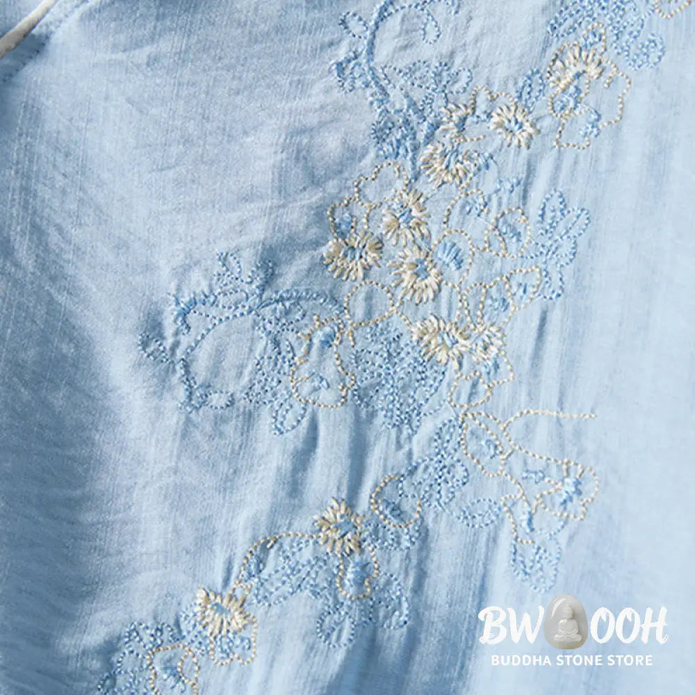 Buddha Stones Casual Women’s Flowers Embroidery Pattern Frog-button Slanted Collar Design Three Quarter Sleeve Cotton