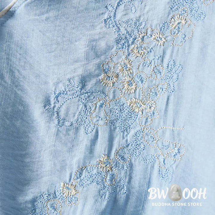 Buddha Stones Casual Women’s Flowers Embroidery Pattern Frog-button Slanted Collar Design Three Quarter Sleeve Cotton
