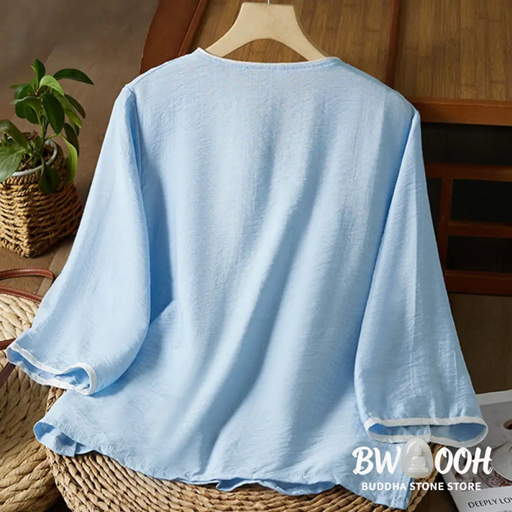 Buddha Stones Casual Women’s Flowers Embroidery Pattern Frog-button Slanted Collar Design Three Quarter Sleeve Cotton