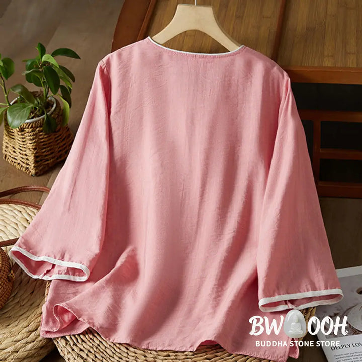 Buddha Stones Casual Women’s Flowers Embroidery Pattern Frog-button Slanted Collar Design Three Quarter Sleeve Cotton