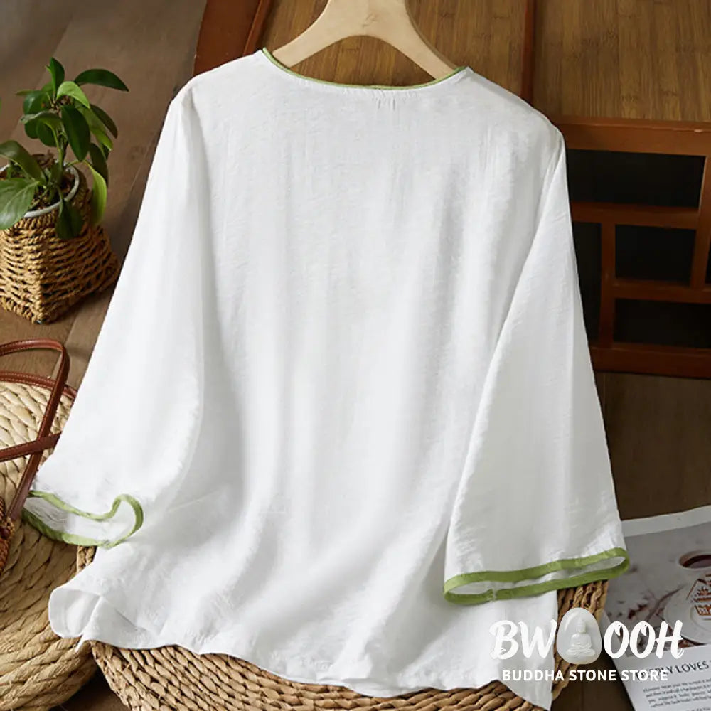 Buddha Stones Casual Women’s Flowers Embroidery Pattern Frog-button Slanted Collar Design Three Quarter Sleeve Cotton