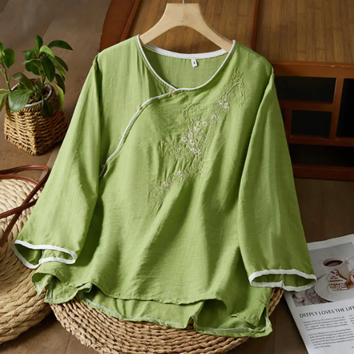 Buddha Stones Casual Women’s Flowers Embroidery Pattern Frog-button Slanted Collar Design Three Quarter Sleeve Cotton