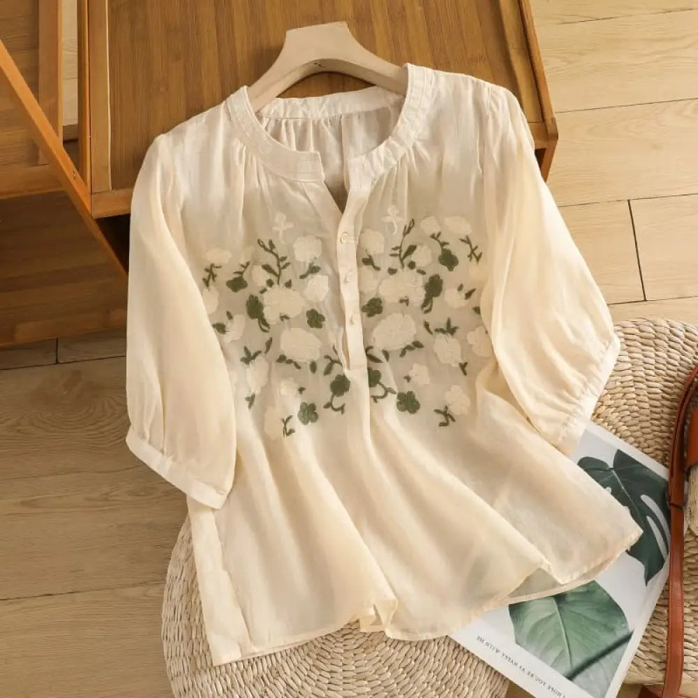 Buddha Stones Casual Women’s Flowers Green Leaves Embroidery Pattern V-Neck Design Half Sleeve Cotton Linen Shirt