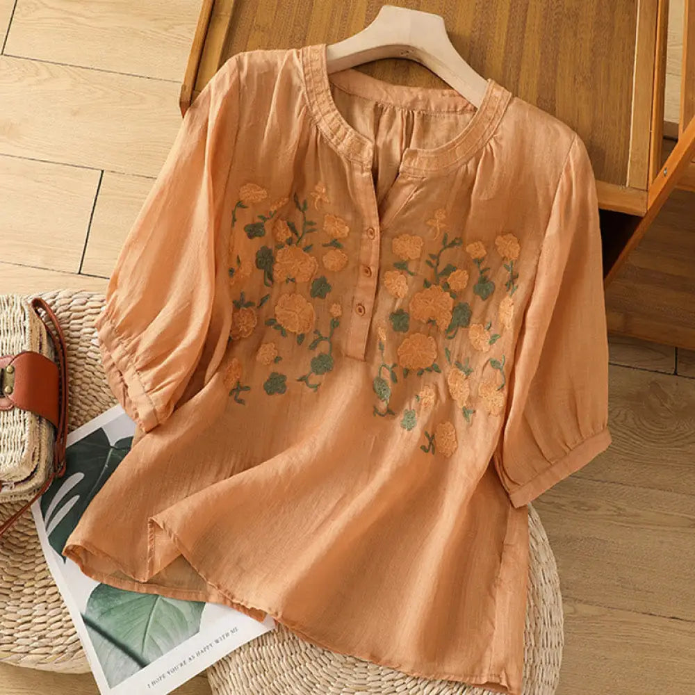 Buddha Stones Casual Women’s Flowers Green Leaves Embroidery Pattern V-Neck Design Half Sleeve Cotton Linen Shirt
