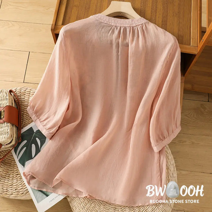 Buddha Stones Casual Women’s Flowers Green Leaves Embroidery Pattern V-Neck Design Half Sleeve Cotton Linen Shirt