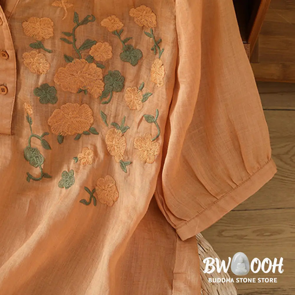 Buddha Stones Casual Women’s Flowers Green Leaves Embroidery Pattern V-Neck Design Half Sleeve Cotton Linen Shirt