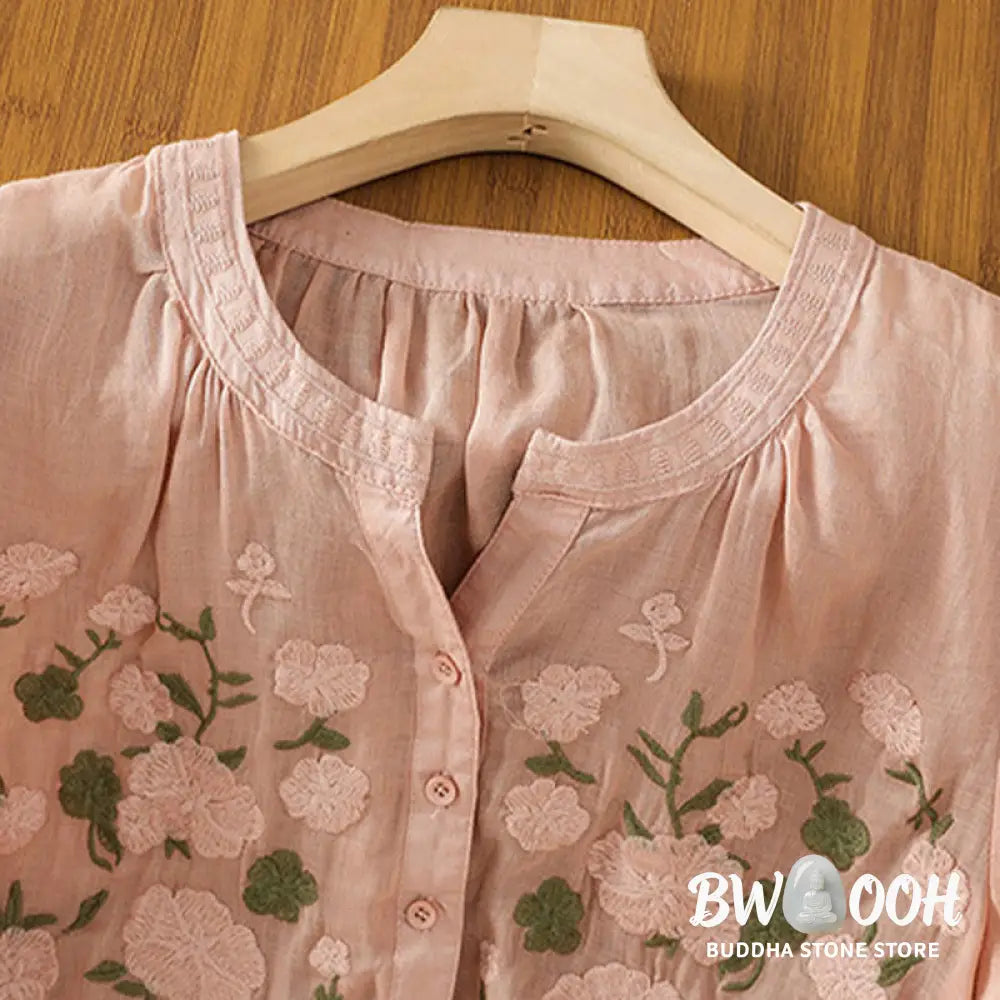 Buddha Stones Casual Women’s Flowers Green Leaves Embroidery Pattern V-Neck Design Half Sleeve Cotton Linen Shirt