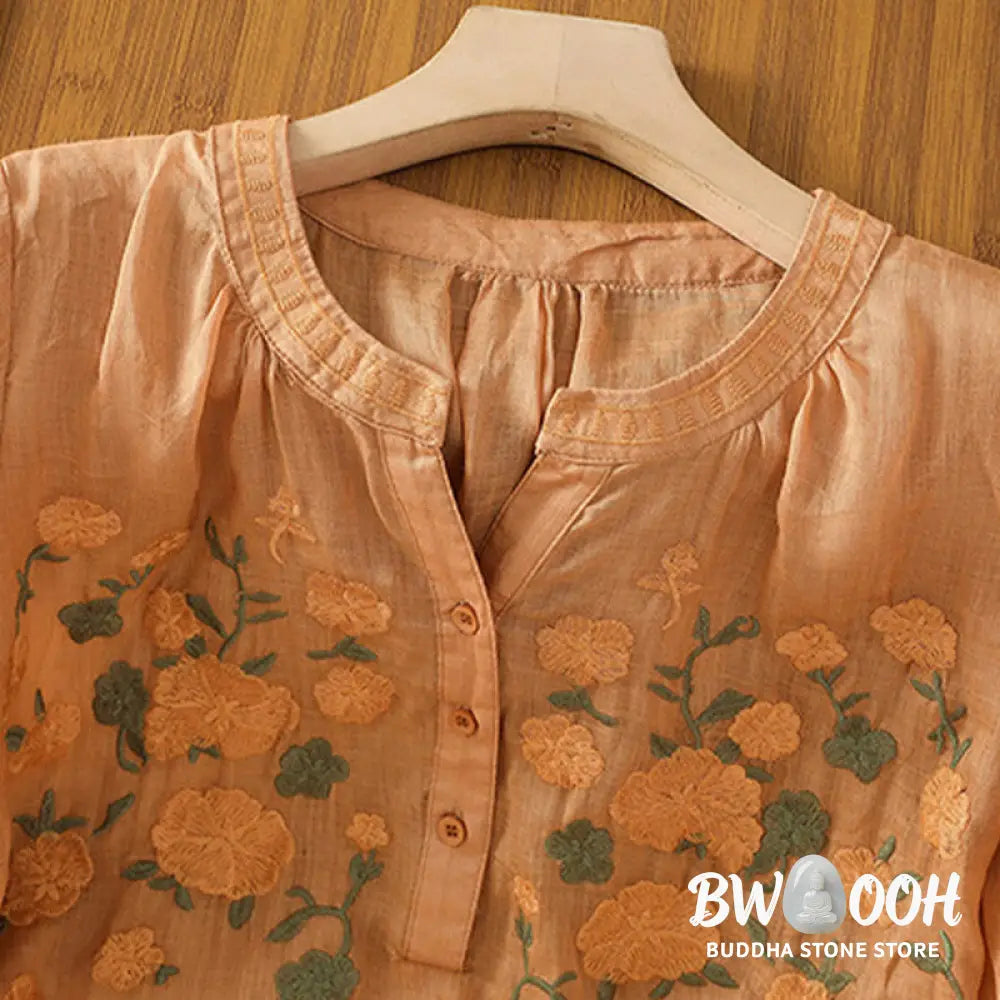 Buddha Stones Casual Women’s Flowers Green Leaves Embroidery Pattern V-Neck Design Half Sleeve Cotton Linen Shirt