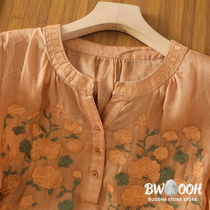 Buddha Stones Casual Women’s Flowers Green Leaves Embroidery Pattern V-Neck Design Half Sleeve Cotton Linen Shirt