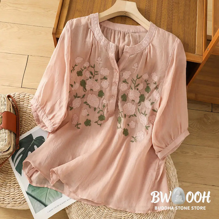 Buddha Stones Casual Women’s Flowers Green Leaves Embroidery Pattern V-Neck Design Half Sleeve Cotton Linen Shirt