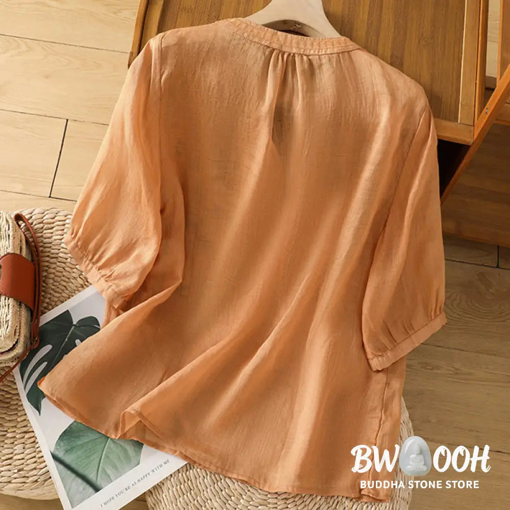Buddha Stones Casual Women’s Flowers Green Leaves Embroidery Pattern V-Neck Design Half Sleeve Cotton Linen Shirt