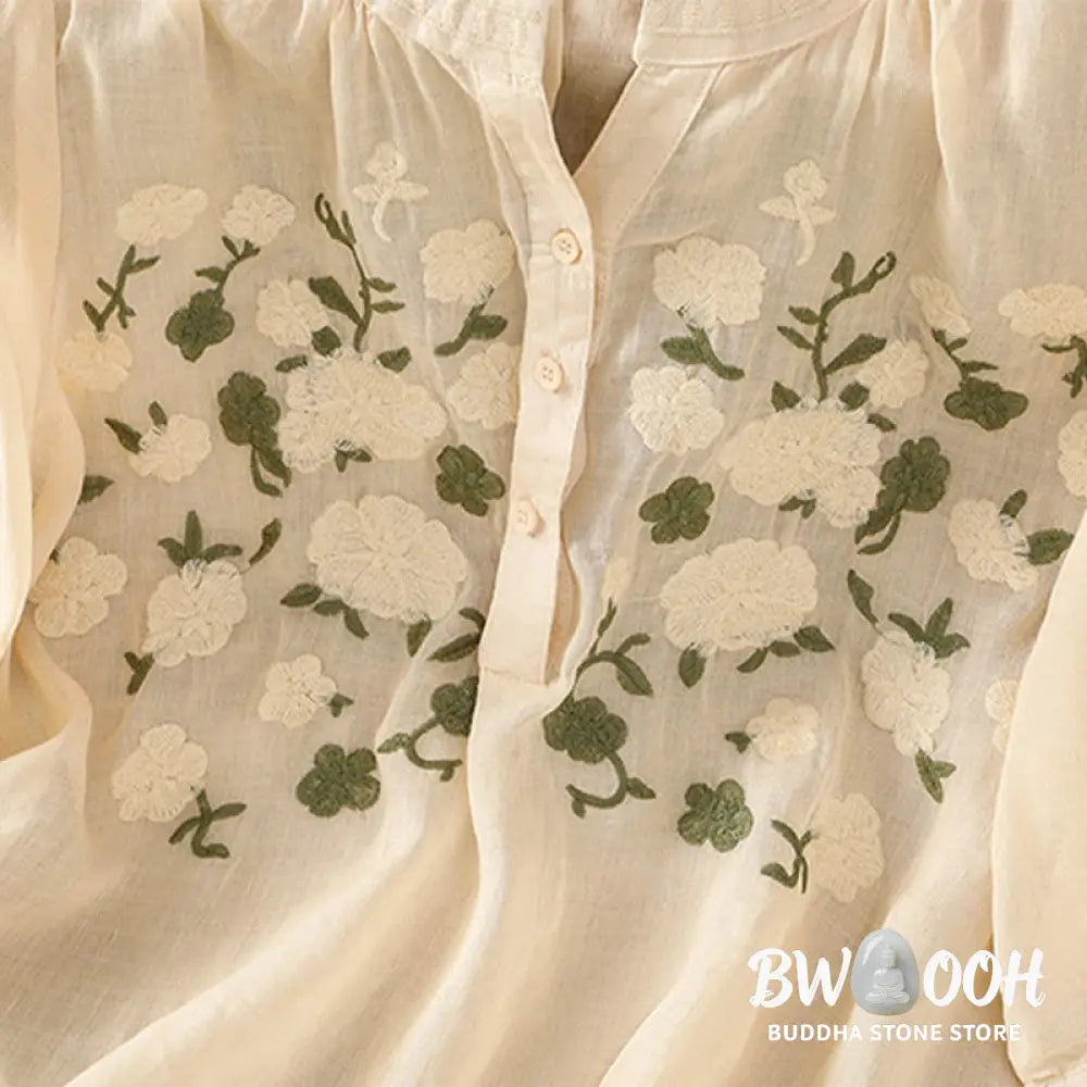 Buddha Stones Casual Women’s Flowers Green Leaves Embroidery Pattern V-Neck Design Half Sleeve Cotton Linen Shirt