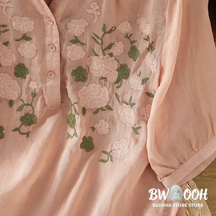 Buddha Stones Casual Women’s Flowers Green Leaves Embroidery Pattern V-Neck Design Half Sleeve Cotton Linen Shirt