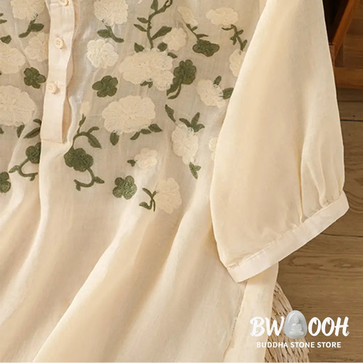 Buddha Stones Casual Women’s Flowers Green Leaves Embroidery Pattern V-Neck Design Half Sleeve Cotton Linen Shirt