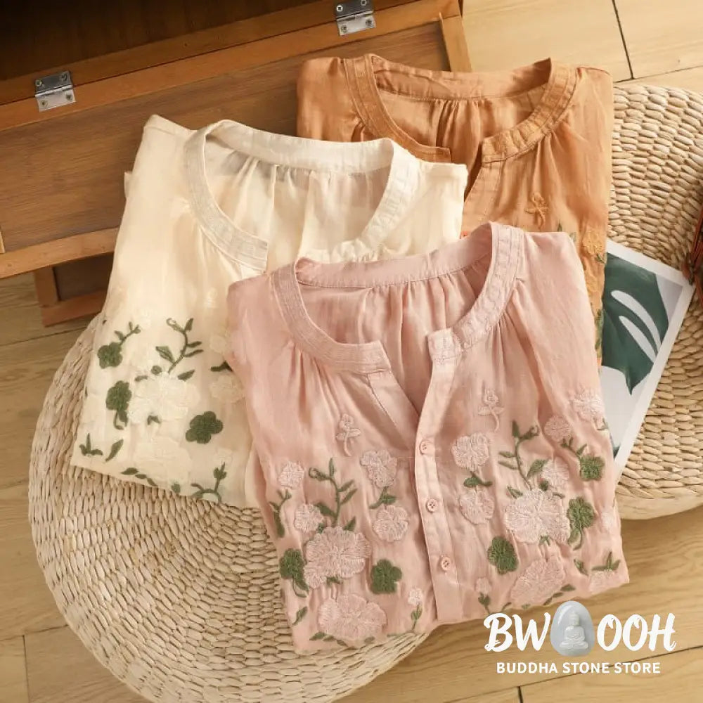 Buddha Stones Casual Women’s Flowers Green Leaves Embroidery Pattern V-Neck Design Half Sleeve Cotton Linen Shirt