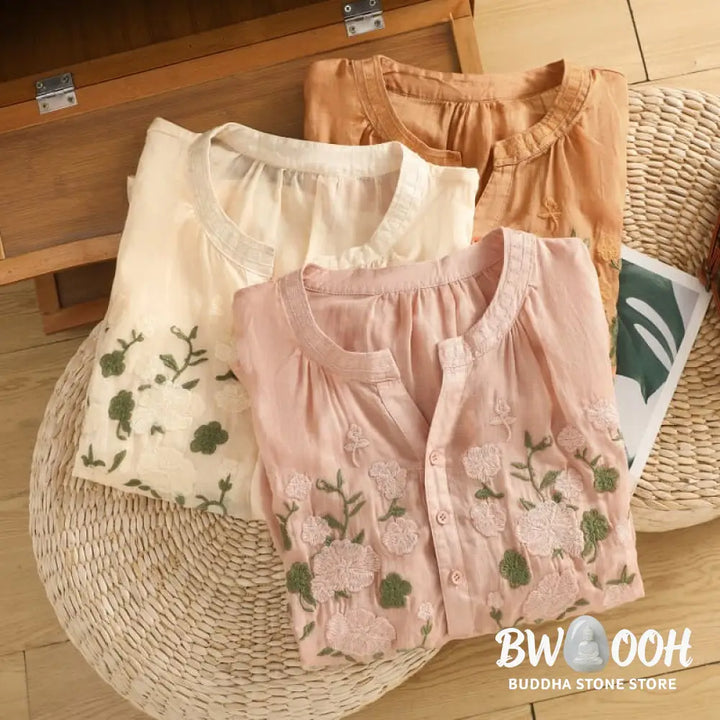 Buddha Stones Casual Women’s Flowers Green Leaves Embroidery Pattern V-Neck Design Half Sleeve Cotton Linen Shirt