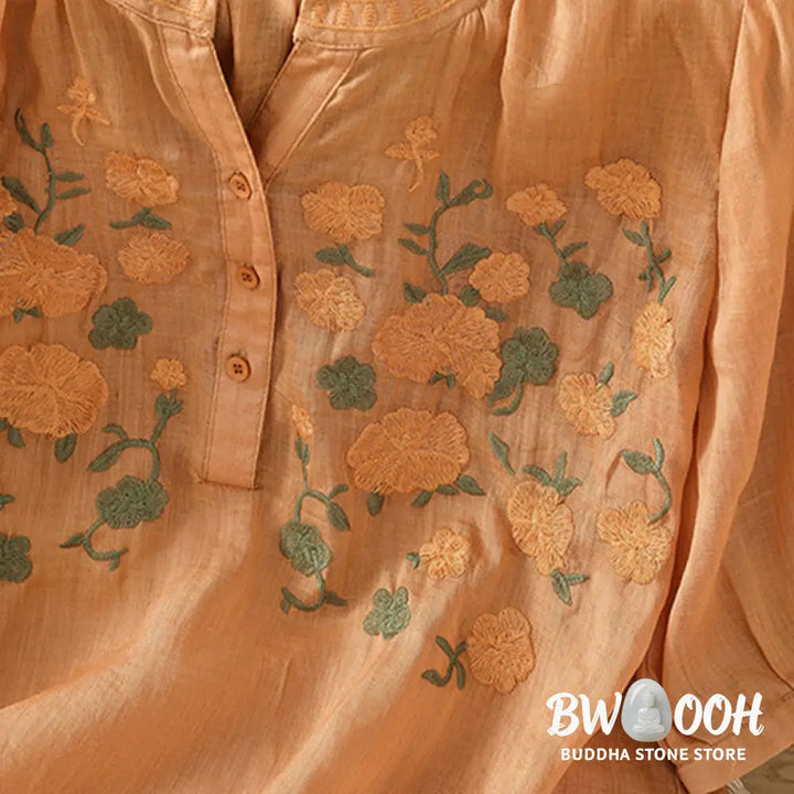 Buddha Stones Casual Women’s Flowers Green Leaves Embroidery Pattern V-Neck Design Half Sleeve Cotton Linen Shirt