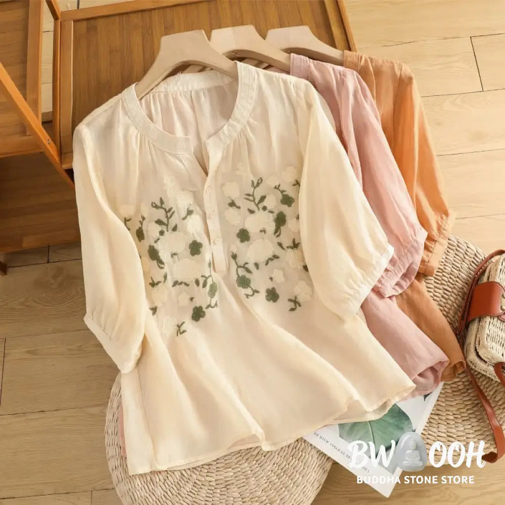 Buddha Stones Casual Women’s Flowers Green Leaves Embroidery Pattern V-Neck Design Half Sleeve Cotton Linen Shirt