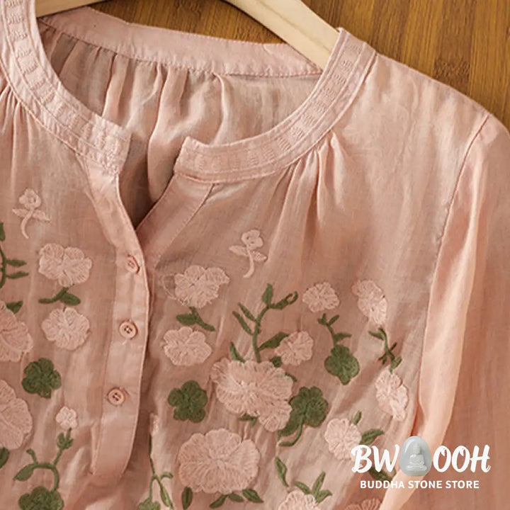 Buddha Stones Casual Women’s Flowers Green Leaves Embroidery Pattern V-Neck Design Half Sleeve Cotton Linen Shirt