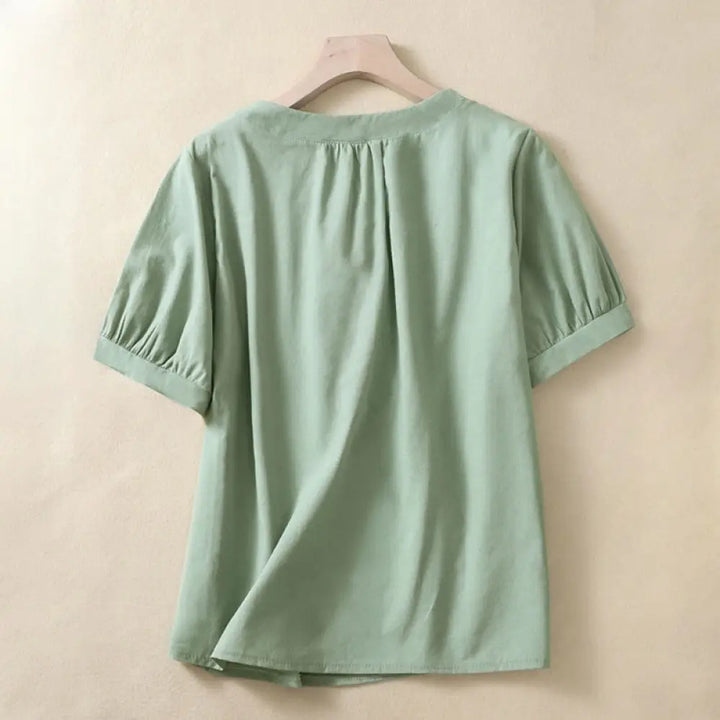 Buddha Stones Casual Women’s Plain Crew Neck Button Design Half Sleeve Cotton Linen Shirt - DarkSeaGreen