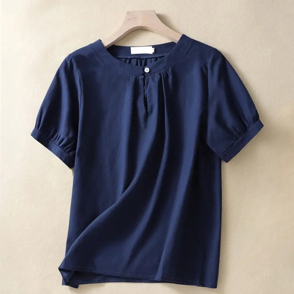 Buddha Stones Casual Women’s Plain Crew Neck Button Design Half Sleeve Cotton Linen Shirt - Navy / US4，UK/AU8，EU36 (L)