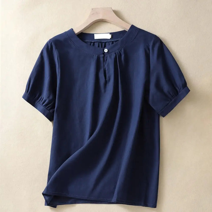 Buddha Stones Casual Women’s Plain Crew Neck Button Design Half Sleeve Cotton Linen Shirt - Navy / US4，UK/AU8，EU36 (L)