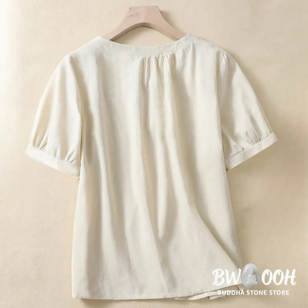 Buddha Stones Casual Women’s Plain Crew Neck Button Design Half Sleeve Cotton Linen Shirt - Women’s Shirts