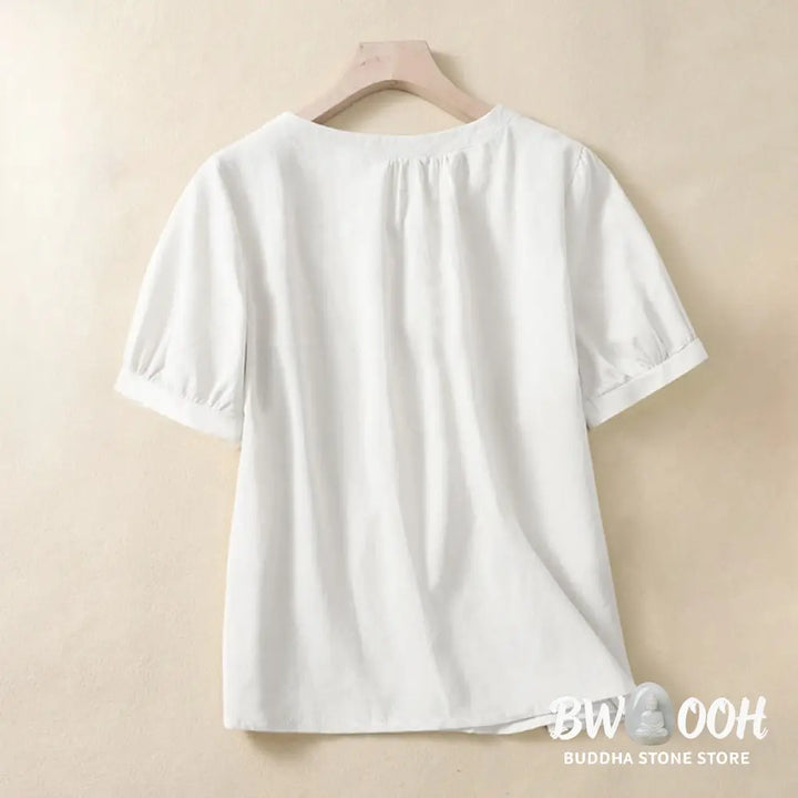 Buddha Stones Casual Women’s Plain Crew Neck Button Design Half Sleeve Cotton Linen Shirt - Women’s Shirts