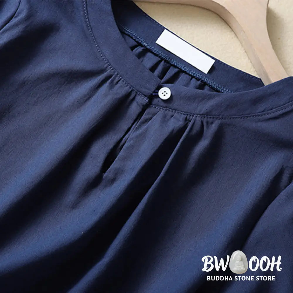 Buddha Stones Casual Women’s Plain Crew Neck Button Design Half Sleeve Cotton Linen Shirt - Women’s Shirts