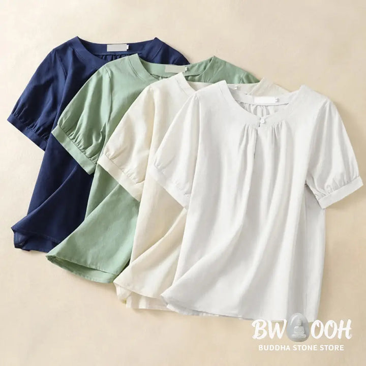 Buddha Stones Casual Women’s Plain Crew Neck Button Design Half Sleeve Cotton Linen Shirt - Women’s Shirts