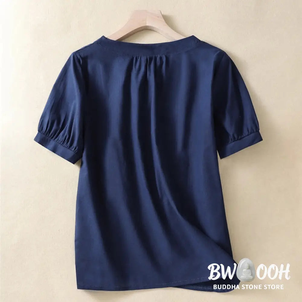 Buddha Stones Casual Women’s Plain Crew Neck Button Design Half Sleeve Cotton Linen Shirt - Women’s Shirts