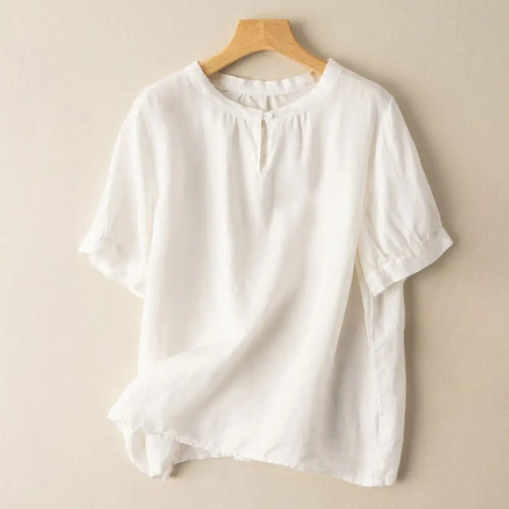 Buddha Stones Casual Women’s Plain Crew Neck Button Design Half Sleeve Cotton Linen Shirt - Snow / US4，UK/AU8，EU36 (L)