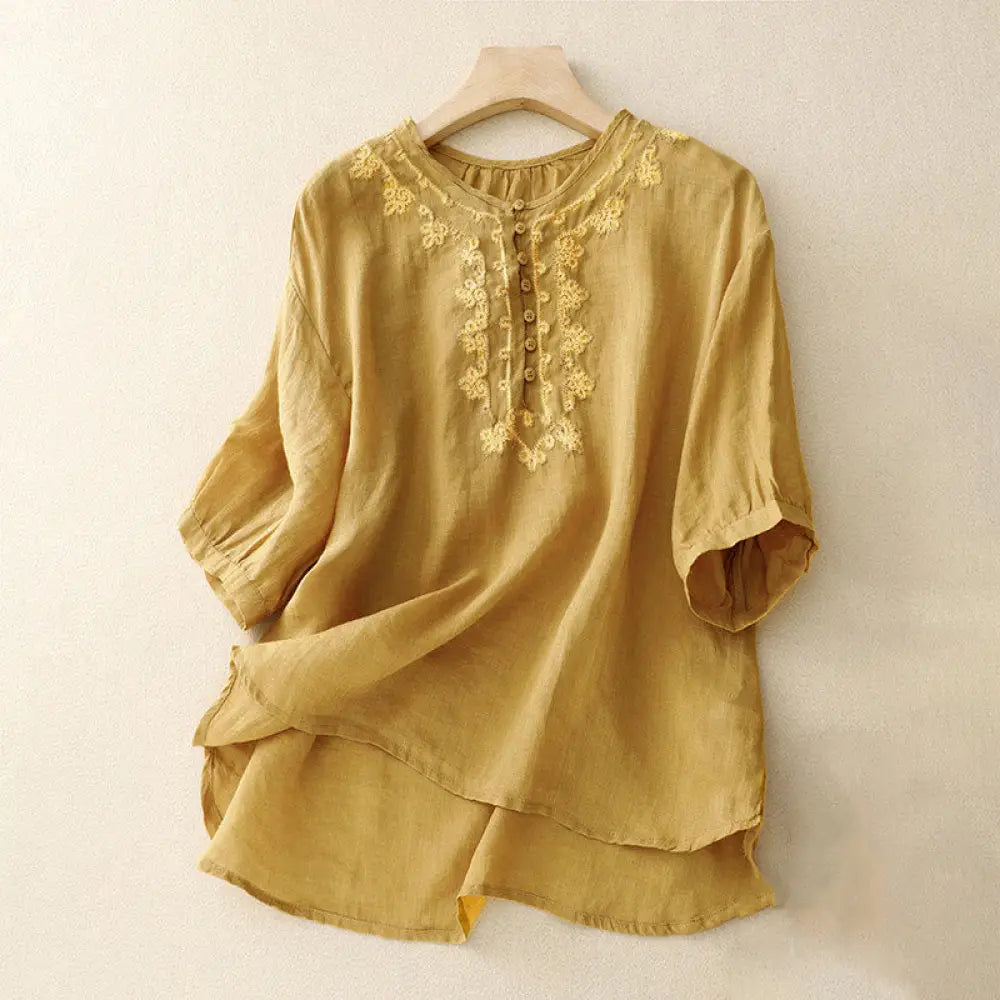 Buddha Stones Casual Women’s Plain Frog Buckle Design Half Sleeve Shirt - Goldenrod / US4，UK/AU8，EU36 (L) - Women’s
