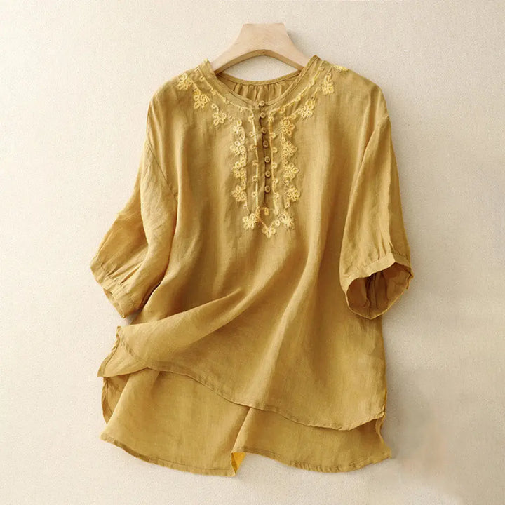 Buddha Stones Casual Women’s Plain Frog Buckle Design Half Sleeve Shirt - Goldenrod / US4，UK/AU8，EU36 (L) - Women’s