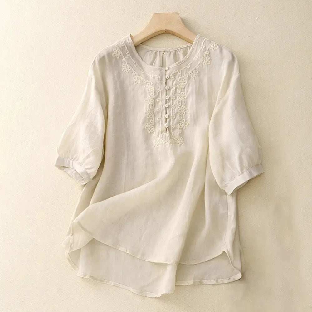 Buddha Stones Casual Women’s Plain Frog Buckle Design Half Sleeve Shirt - Ivory / US4，UK/AU8，EU36 (L) - Women’s Shirts
