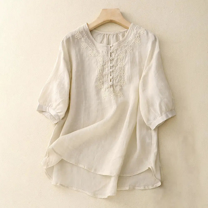 Buddha Stones Casual Women’s Plain Frog Buckle Design Half Sleeve Shirt - Ivory / US4，UK/AU8，EU36 (L) - Women’s Shirts