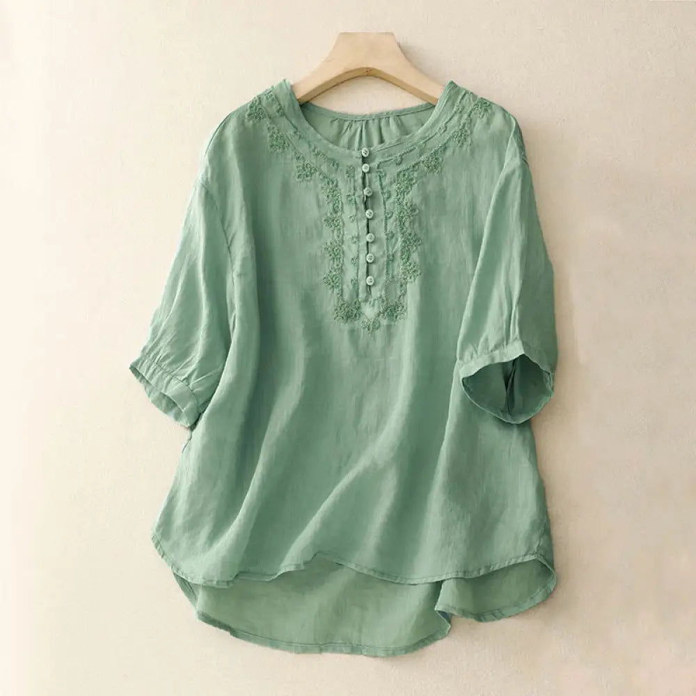 Buddha Stones Casual Women’s Plain Frog Buckle Design Half Sleeve Shirt - PaleGreen / US4，UK/AU8，EU36 (L) - Women’s