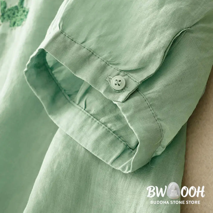 Buddha Stones Casual Women’s Plain Frog Buckle Design Half Sleeve Shirt - Women’s Shirts