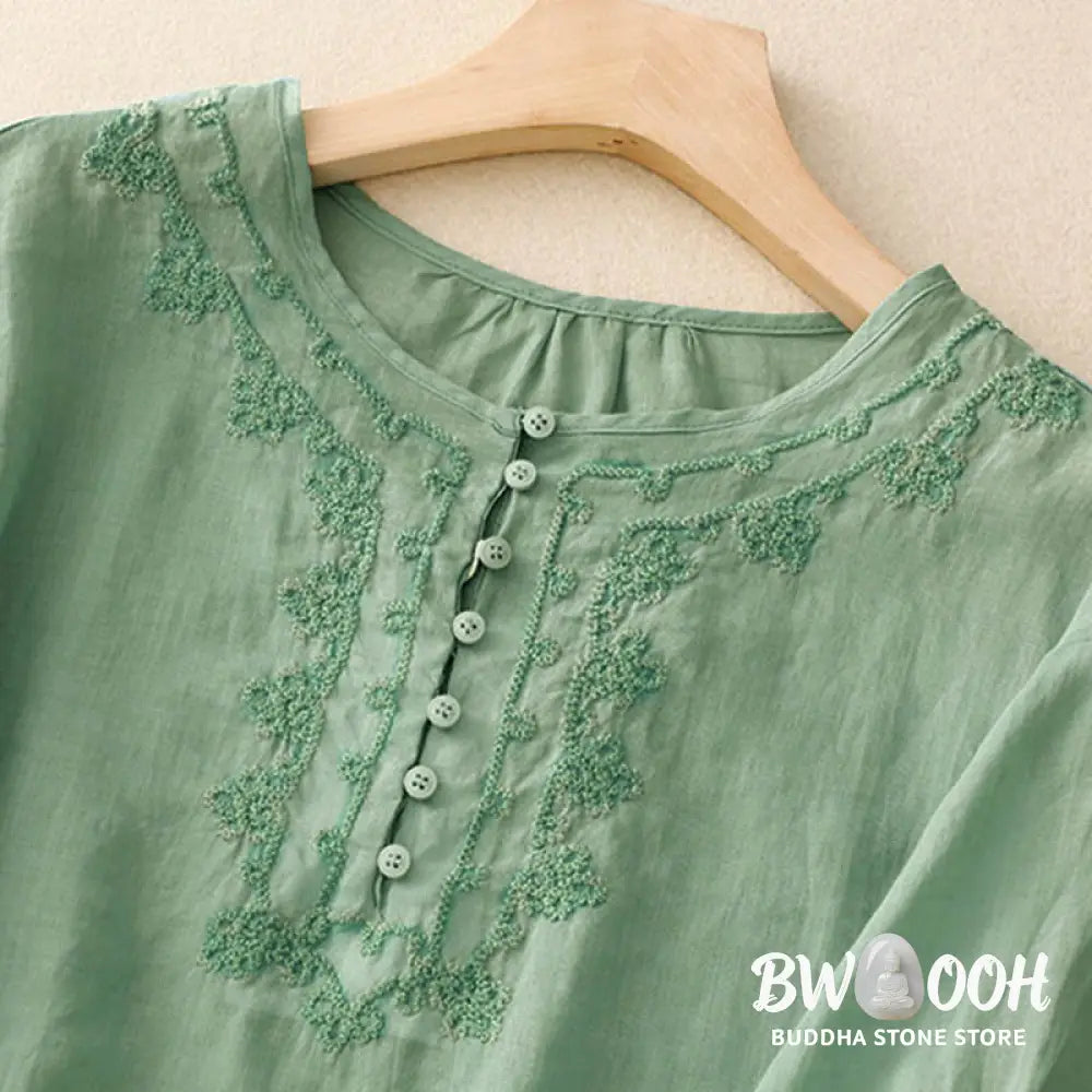 Buddha Stones Casual Women’s Plain Frog Buckle Design Half Sleeve Shirt - Women’s Shirts