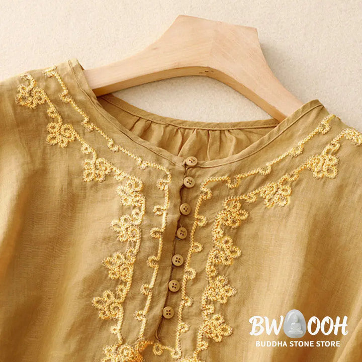 Buddha Stones Casual Women’s Plain Frog Buckle Design Half Sleeve Shirt - Women’s Shirts